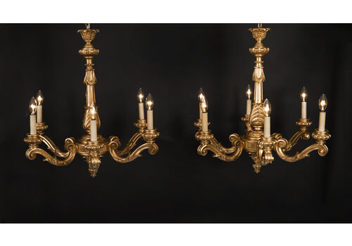 Antique Pair Of English Giltwood Six Branch Chandeliers  Circa 1920  20th C