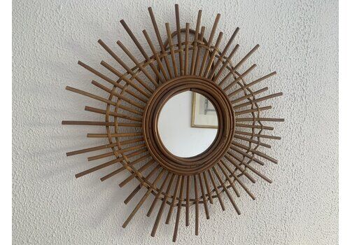 Vintage 1960s Asymmetrical Sun And Star Rattan Wicker Mirror   52 Cm