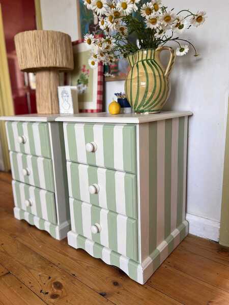Beautiful Pair Of Green And White Stripe Matching Bedside Tables photo furniture