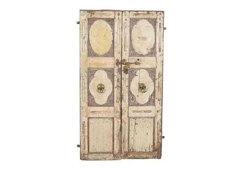 Antique Cream & Ochre Indian Teak Doors, 1880s, Vintage Gujarat Salvage