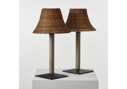 Pair Of Wicker, Wood And Metal Table Lamps