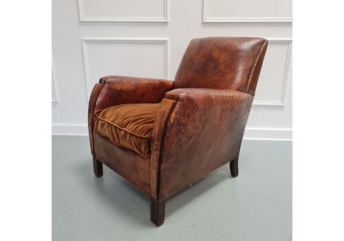 French Leather Club Chair With Velvet Cushion C1940 Free Delivery England/Wales