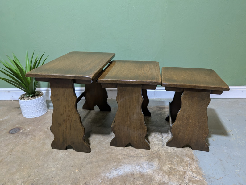 Vintage Nest Of 3 Tables Solid Oak Wooden Coffee Side Lamp Retro Nesting photo furniture