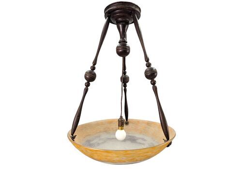 1930s Art Deco Ceiling Light Bowl Chandelier In Orange Molded Glass