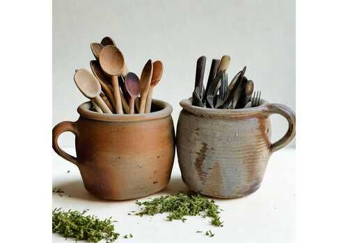 Two Antique French Confit Pots | Early 1900s Rustic Kitchen Utensil Holders | Herb Planters French Farmhouse Décor | Country Style Pottery
