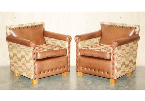 Pair Of Andrew Martin Marlborough Brown Leather Reversible Kilim Armchairs
