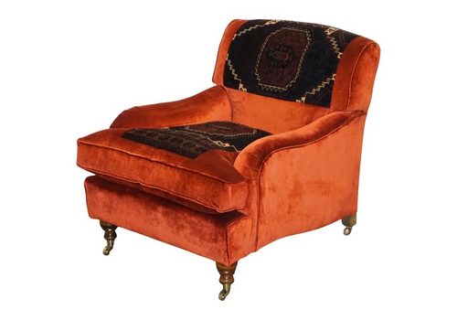 Vintage Red Velvet & Aztec Kilim Upholstered Howard George Smith Style Armchair