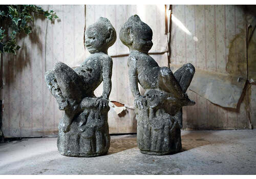 An Unusual & Scarce Pair Of Early 20thc Stone Garden Pixies