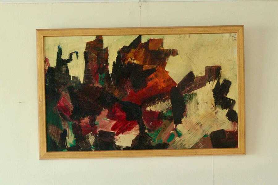Mid 20th Century Original Abstract Oil On Canvas – Dynamic Composition photo furniture