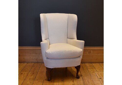 Georgian Style Wingback Armchair Newly Reupholstered In White Grainsack Material