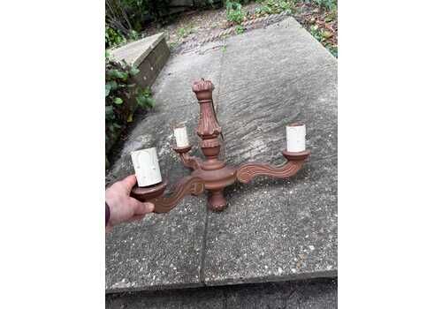 Rustic French Revival Painted Wood Chandelier – 3 Arm Ceiling Light With Ornate Scroll Detailing & Vintage Faux Candle Holders