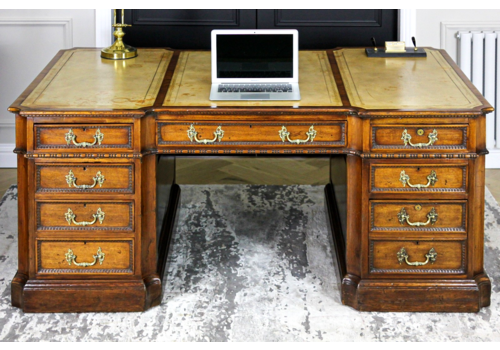 Large Antique  Solid Mahogany Twin Pedestal Partners Leather Top Writing Desk