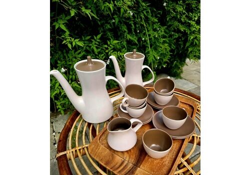 Mid Century Espresso Coffee Set By Poole Pottery In Twintone Mushroom & Sepia