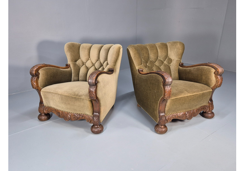 2 Antique Carved Oak Danish Lounge Chairs Mink Velour Fan Back 1930s Eb9557 Vclo