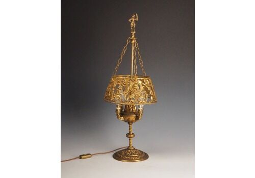 Antique 19th Century Dutch Bouillotte Style Table Lamp With Suspended Shade