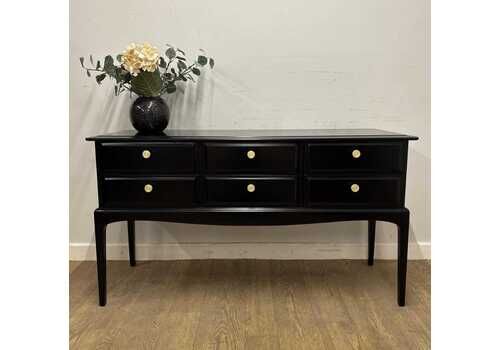 Black Stag Sideboard, Painted 6 Drawer Chest With Gold Knobs, Mid Century Modern Console, Vintage British Furniture