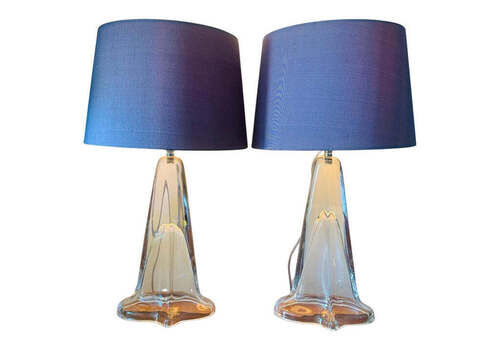 Pair Of 1970s German Peill & Putzler Clear Crystal Oval Glass & Polished Chrome Table Lamps