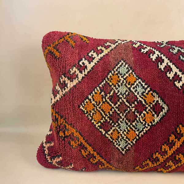 Moroccan Kilim Cushion Antique Carpet Pillow Feather Handmade 60x40cm Geometric Feather Filled Handwoven Red Traditional Rectangle Vintage photo furniture