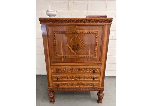 Big Vintage French Drinks Cabinet With 3 Drawers And Mercury Mirror Lined Cupboard