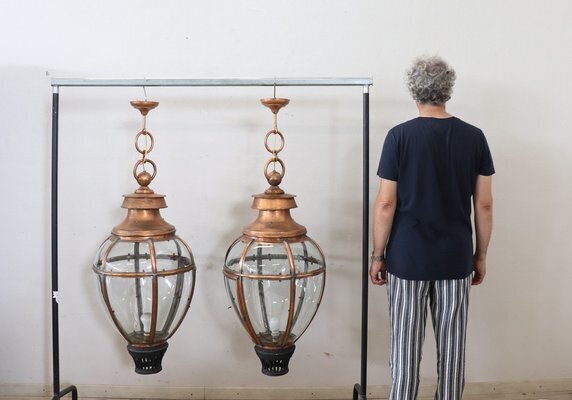 Large Vintage Copper And Glass Lanterns, 1940s, Set Of 2 photo furniture
