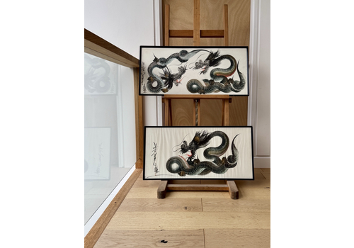 2 Framed Japanese Shōwa Era Original Watercolour One Stroke Painting Of Dragons