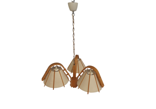 A Rare Bent Beech And Fabric Three Branch Ceiling Pendant Light By J Wickelgren And M Strandang For Aneta., Sweden. 1970s. Measure 67cm Width X 40cm H