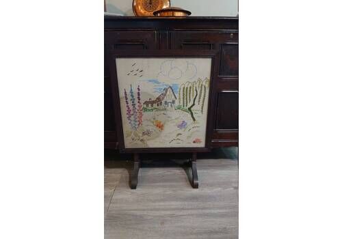 Metamorphic Vintage Side Table/Firescreen With Embroidered Sampler Panel Depicting English Cottage Garden   Good Condition