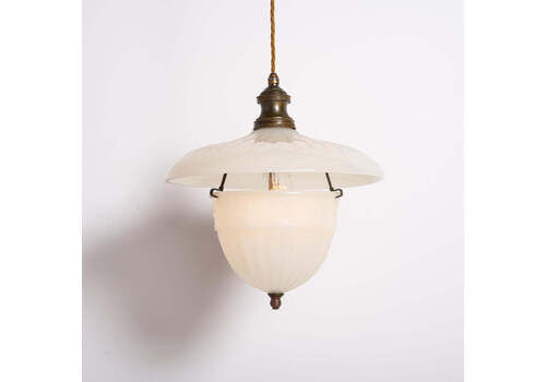 Antique Two Part Moonstone Glass "Peerlite" Pendant Light Fitting With Aged Brass Fittings