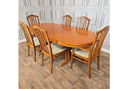 Retro Stag Teak Twin Pedestal Dining Table & 6 Solid Teak Chairs – Extending Set