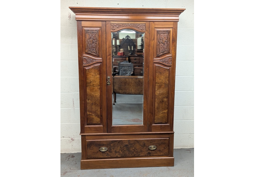 Edwardian Walnut & Burr Walnut Carved Wardrobe