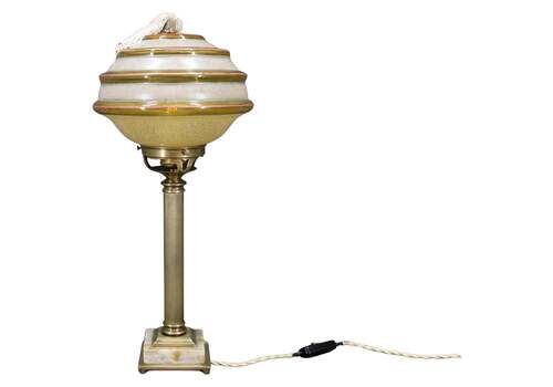 1940s Restored Brass Table Lamp With Marble Base And Glass Shade