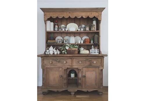 Large Vintage Rustic Solid Pitch Pine Welsh Dresser, Cupboards, Shelves And Drawer Storage