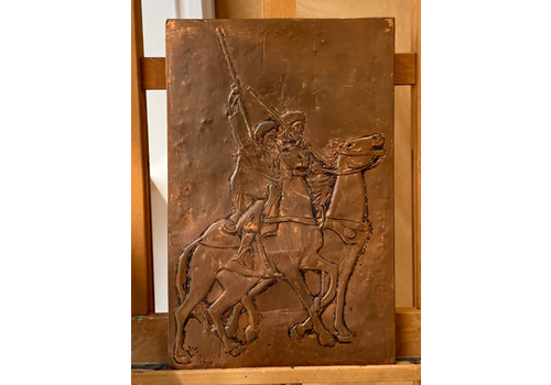 Vintage Copper Repousse Panel Arab Bedouins On Horseback With Rifles, Signed