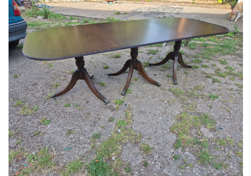 Vintage 8 Seater Oval Triple Pedestal Mahogany Inlaid Dining Table & Protector