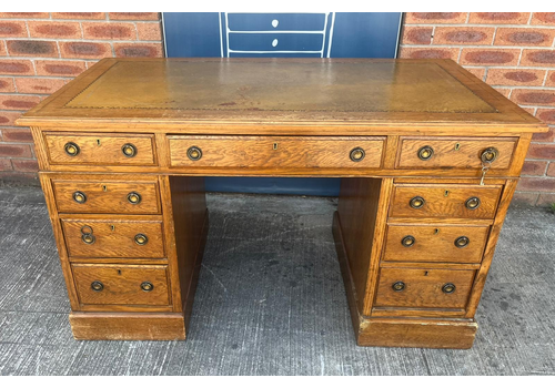 Antique Late Victorian Oak Leather Topped Twin Pedestal Ladies Writing Desk