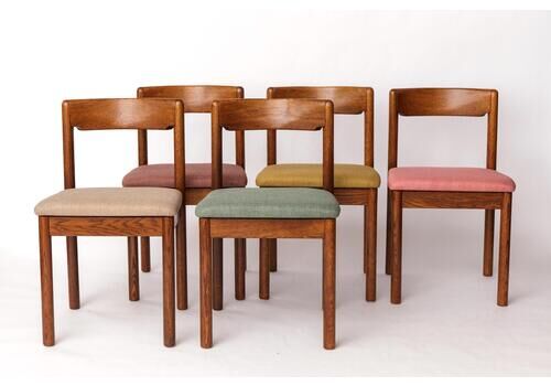 Set Of 5 Vintage Dining Chairs – Dark Oak – Germany 1970s – Newly Upholstered