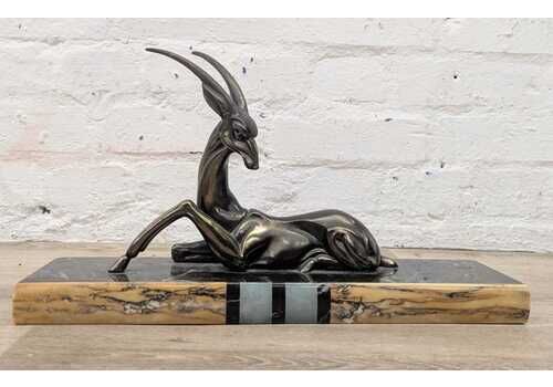 Early 20th Century French Art Deco Gazelle On Marble Pedestal Base
