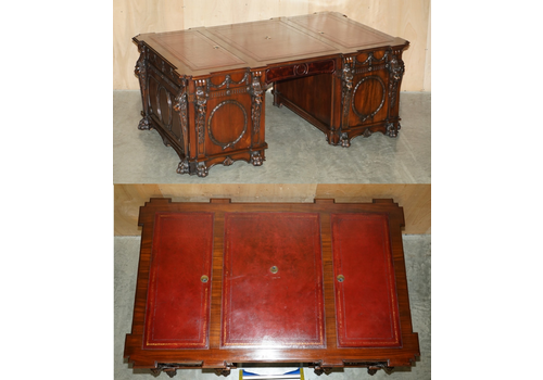 Fully Restpored Thomas Chippendale Lions Head Carved Twin Pedestal Partner Desk