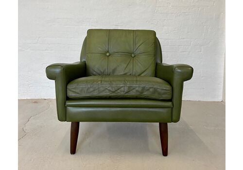 Vintage Retro Danish Mid Century Svend Skipper Chair In Olive  Green Leather 60s