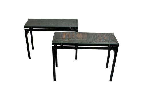 Pair Of Consoles With Wood Relief Top And Glass On Black Metal Frame
