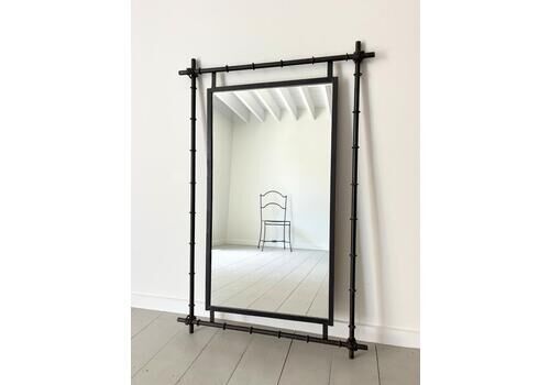Metal Wall Mirror With Faux Bamboo Details In An Industrial Design With Chinoiserie Influence, Double Steel Frame