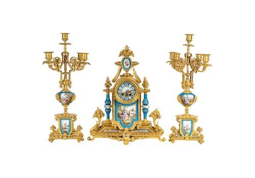 Gilded Bronze And Sèvres Porcelain Mantelpiece Set, Napoleon III Period.