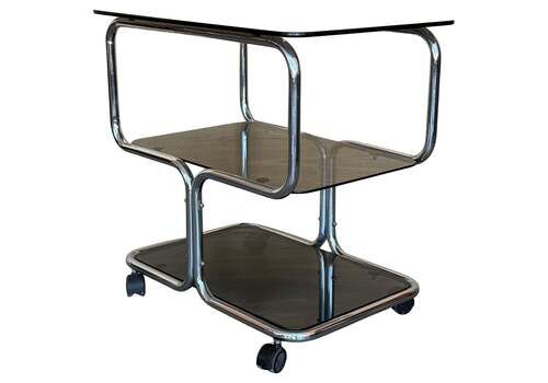Mid Century Sleek Italian Three Tier Chrome And Glass Drinks Trolley On Castors