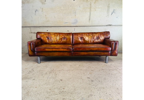 Long Vintage Danish Tan Leather 3 Seater Sofa – Deep Seated Elegant Design #A663