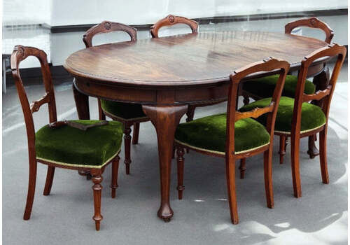 Antique Extending Dining Table & 6 Green Velvet Upholstered Chairs. 2 Leaves