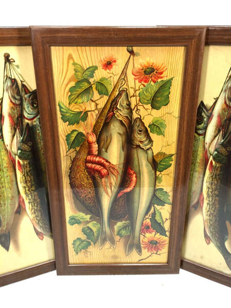 Vintage Set Of Three Frank Airey Picture Prints Trout & Pickerel Wall Hanging photo furniture