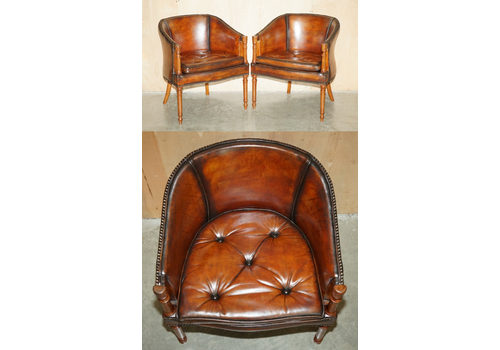 Pair Of Hand Dyed Brown Leather Davenport Barrel Back Chesterfield Armchairs