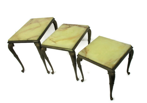 Set Of 3 Nesting Stacking  Coffee Side Tables Marble Brass Hollywood Regency