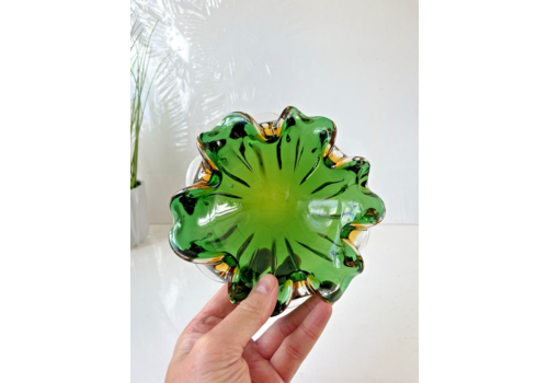 Mid Century Murano Sommerso Green Amber Clear Glass Ashtray Bowl Geode Vintage