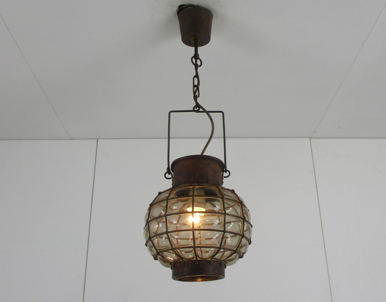 Caged Pendant Clear Art Glass Ceiling Light Ali Baba Style Ship Lamp Funky photo for sale